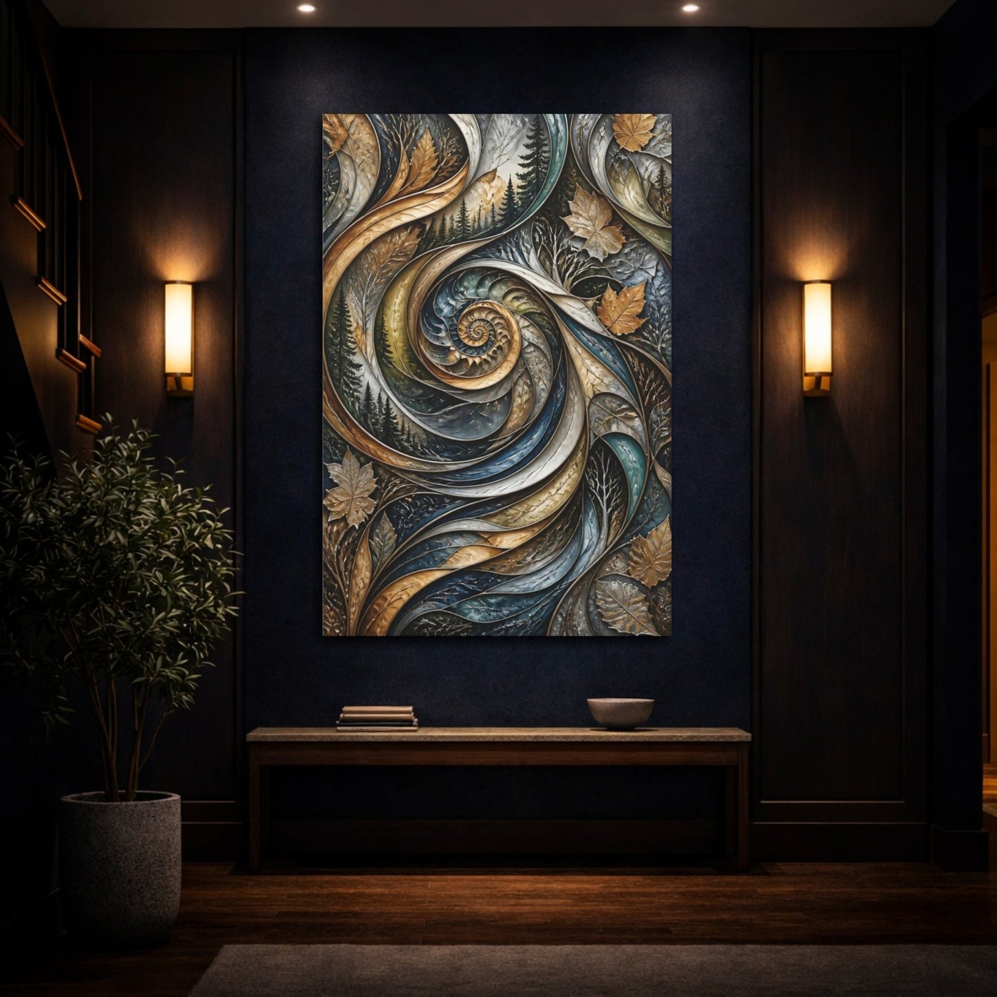 Nature Spiral Blue Gold Canvas Wall Art Print – Living Room Decor, Above Sofa - YesArtYes
