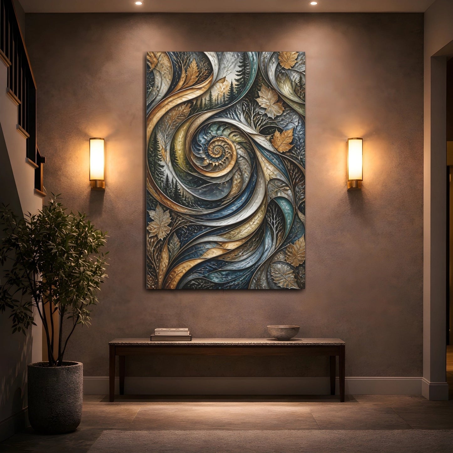 Nature Spiral Blue Gold Canvas Wall Art Print – Living Room Decor, Above Sofa - YesArtYes