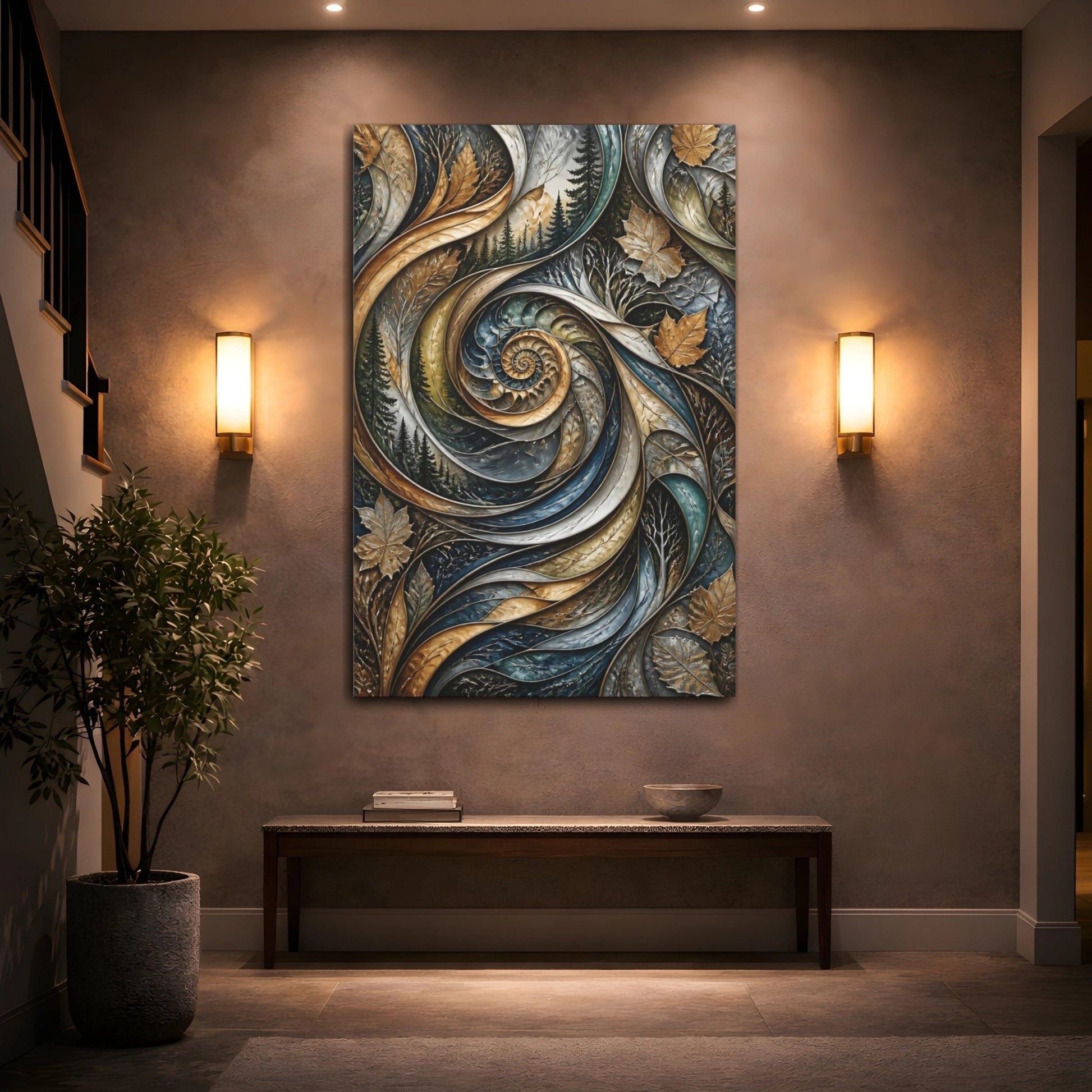 Nature Spiral Blue Gold Canvas Wall Art Print – Living Room Decor, Above Sofa - YesArtYes