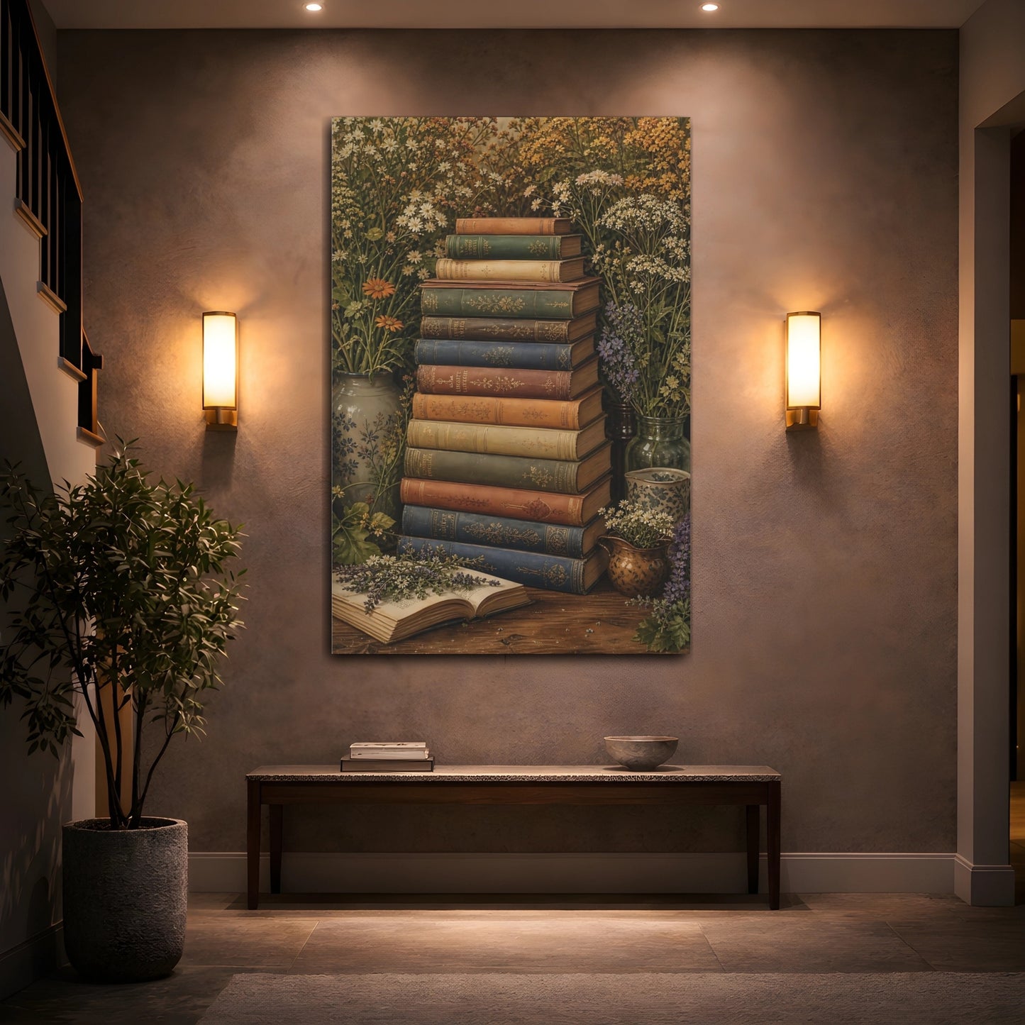 Mockup 2. Nature Stacked Books Vintage Books Floral shown as stretched canvas wall art