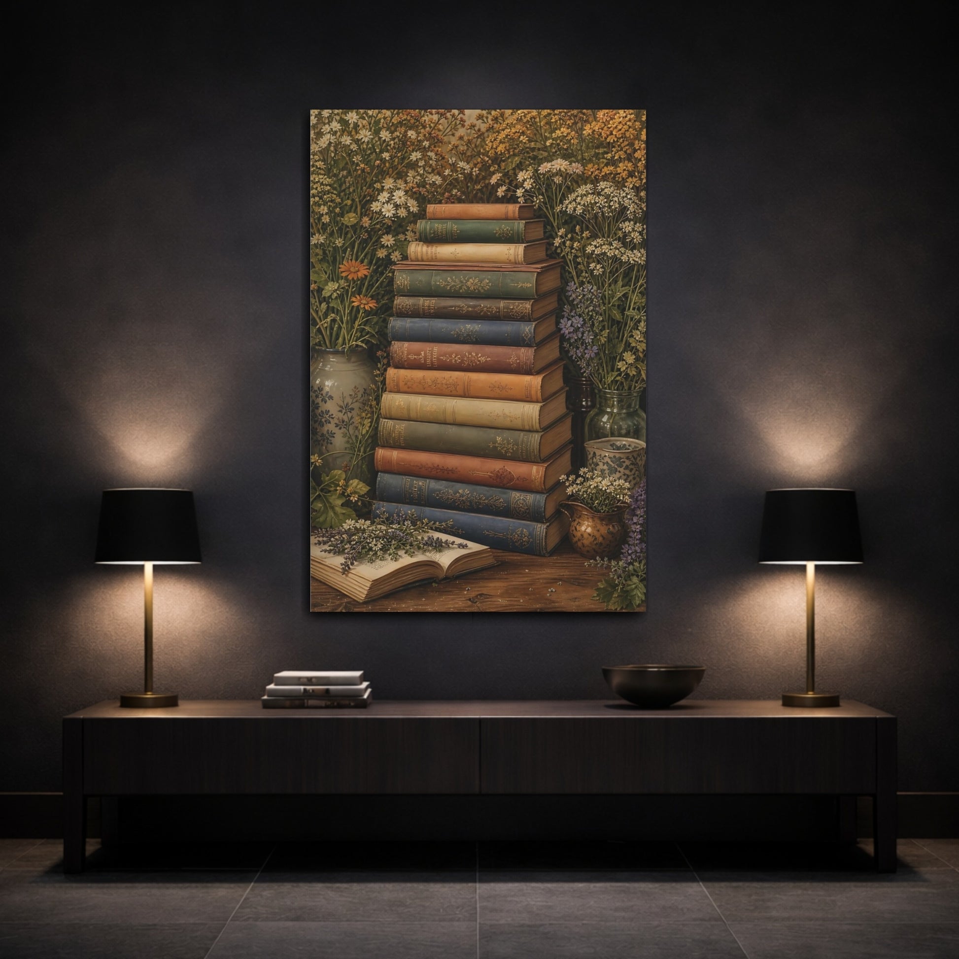 Mockup 3. Nature Stacked Books Vintage Books Floral shown as stretched canvas wall art