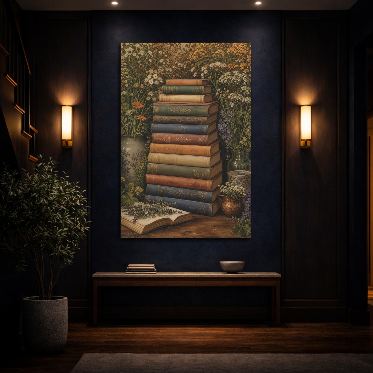 Mockup 4. Nature Stacked Books Vintage Books Floral shown as stretched canvas wall art