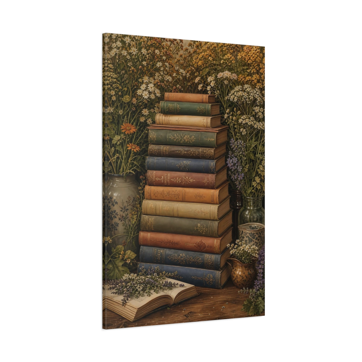 Side Mockup 1. Nature Stacked Books Vintage Books Floral shown as stretched canvas wall art