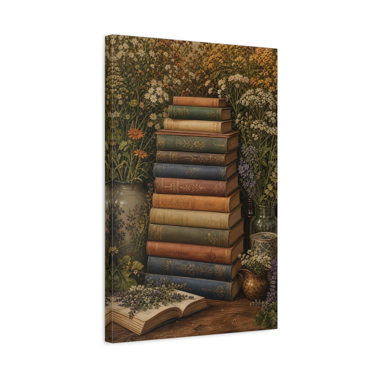 Side Mockup 3. Nature Stacked Books Vintage Books Floral shown as stretched canvas wall art