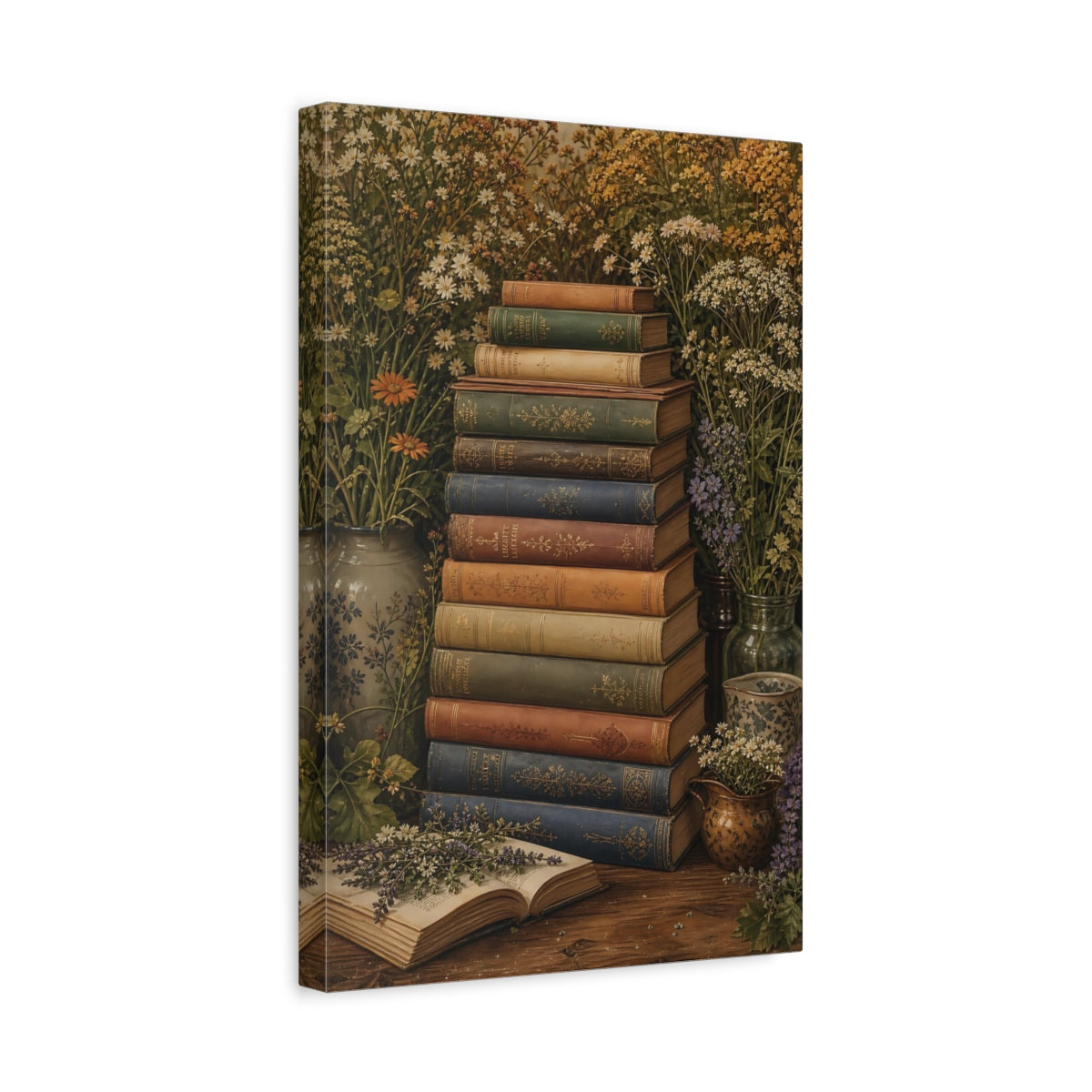 Side Mockup 4. Nature Stacked Books Vintage Books Floral shown as stretched canvas wall art
