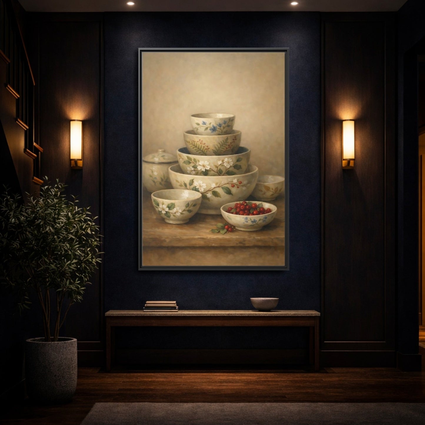 Nature Stacked Bowls Floral - Framed Canvas Wall Art Print - YesArtYes
