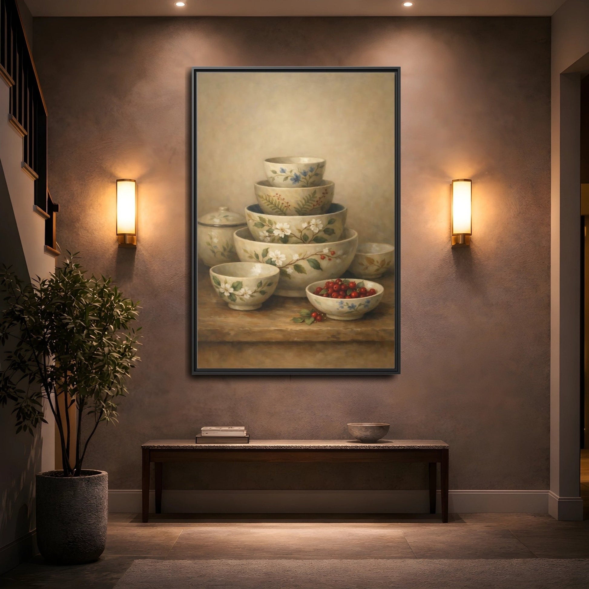 Nature Stacked Bowls Floral - Framed Canvas Wall Art Print - YesArtYes