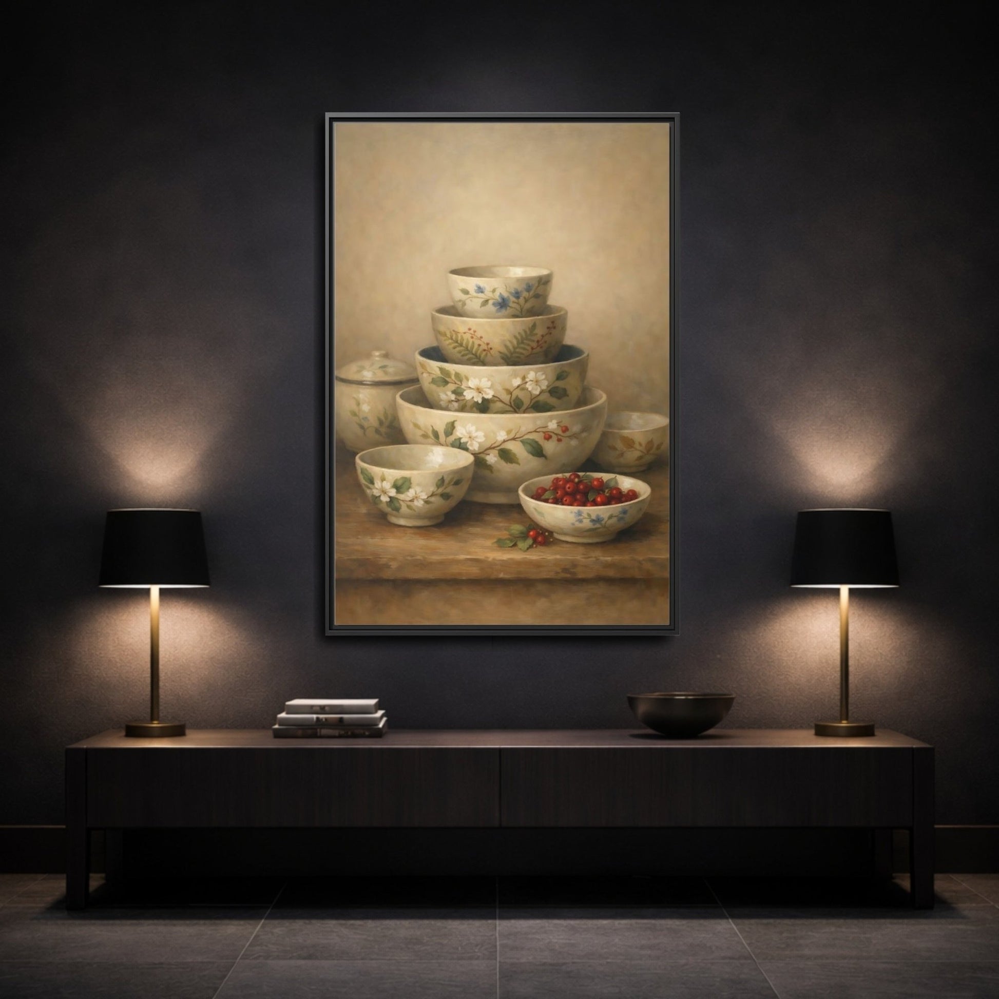 Nature Stacked Bowls Floral - Framed Canvas Wall Art Print - YesArtYes