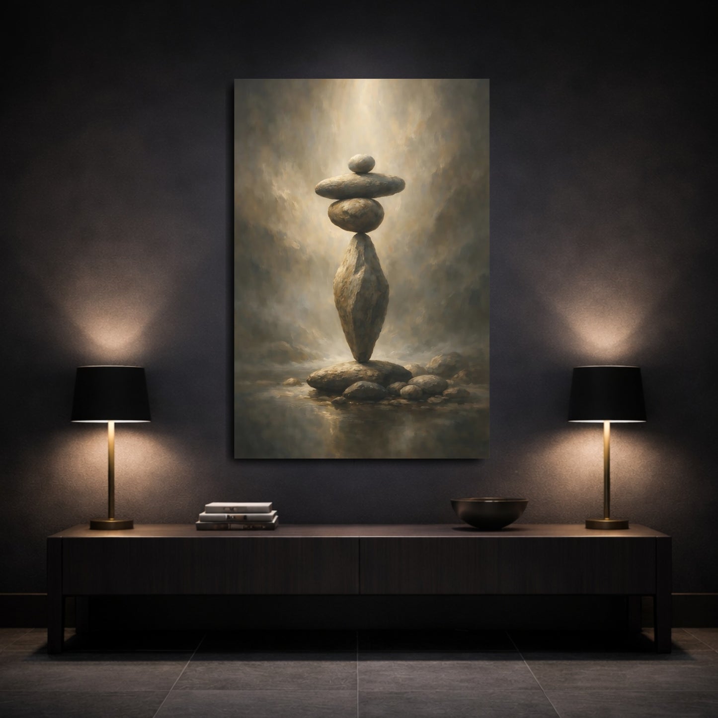 Mockup 2. Nature Stacked Rocks Earthy Tones Stone shown as stretched canvas wall art