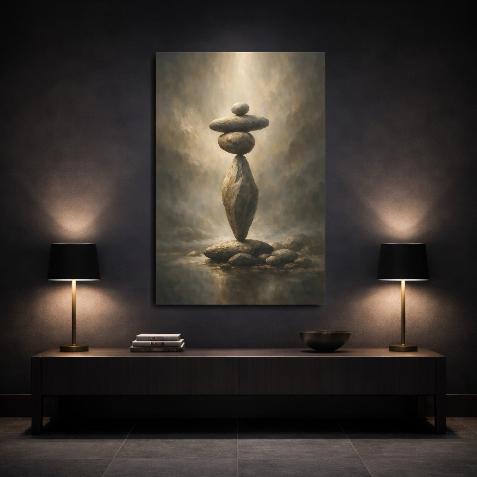 Mockup 2. Nature Stacked Rocks Earthy Tones Stone shown as stretched canvas wall art