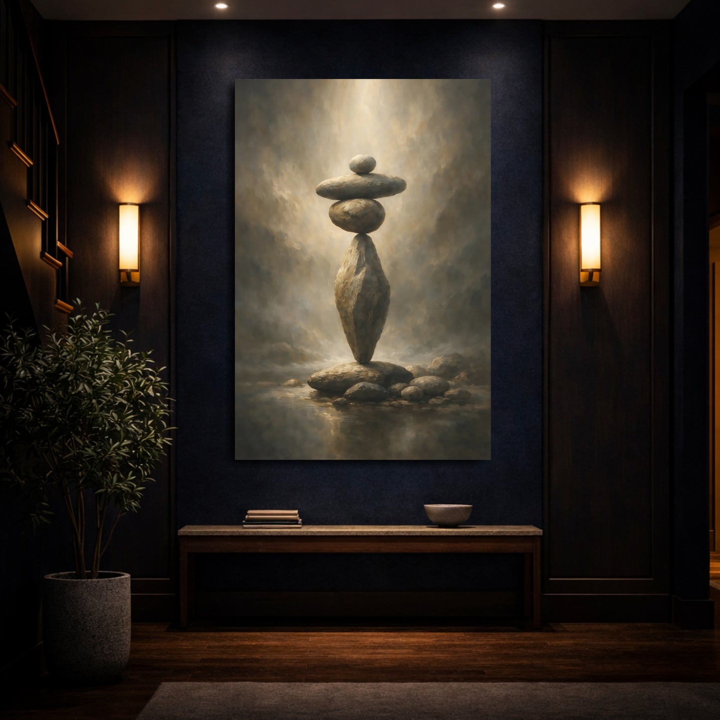 Mockup 3. Nature Stacked Rocks Earthy Tones Stone shown as stretched canvas wall art