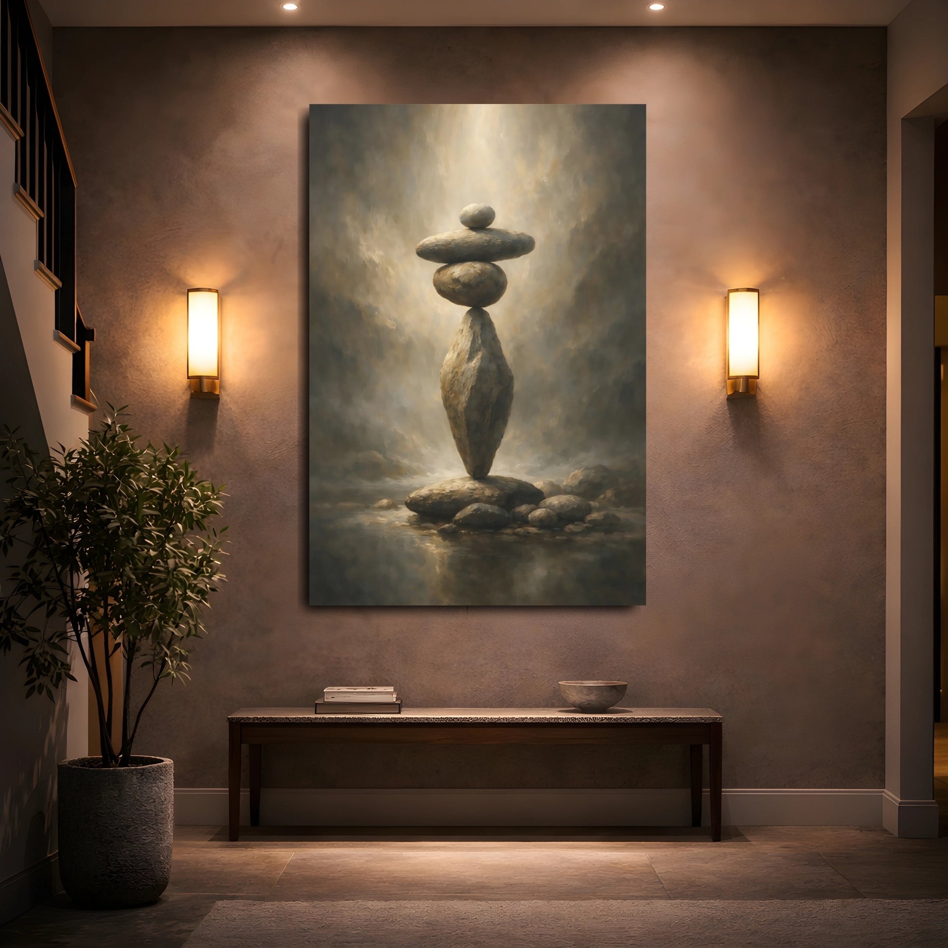 Mockup 4. Nature Stacked Rocks Earthy Tones Stone shown as stretched canvas wall art