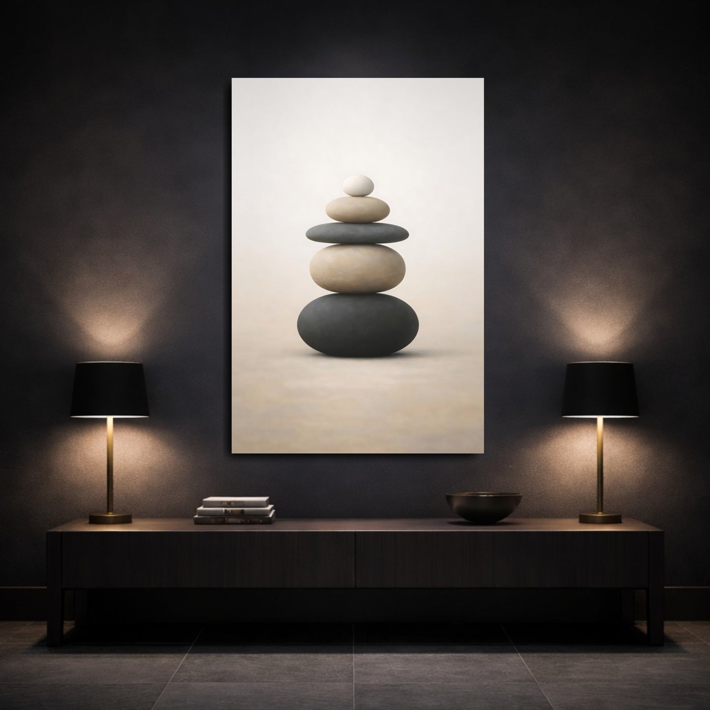 Nature Stacked Stones Black And Beige shown as front canvas room wall art