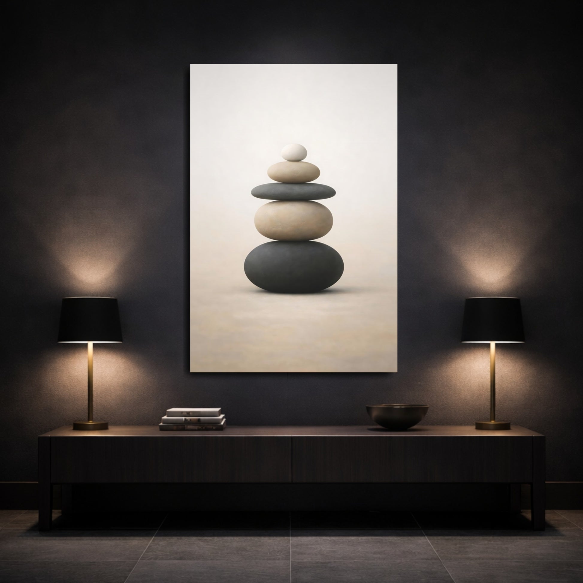 Nature Stacked Stones Black And Beige shown as front canvas room wall art
