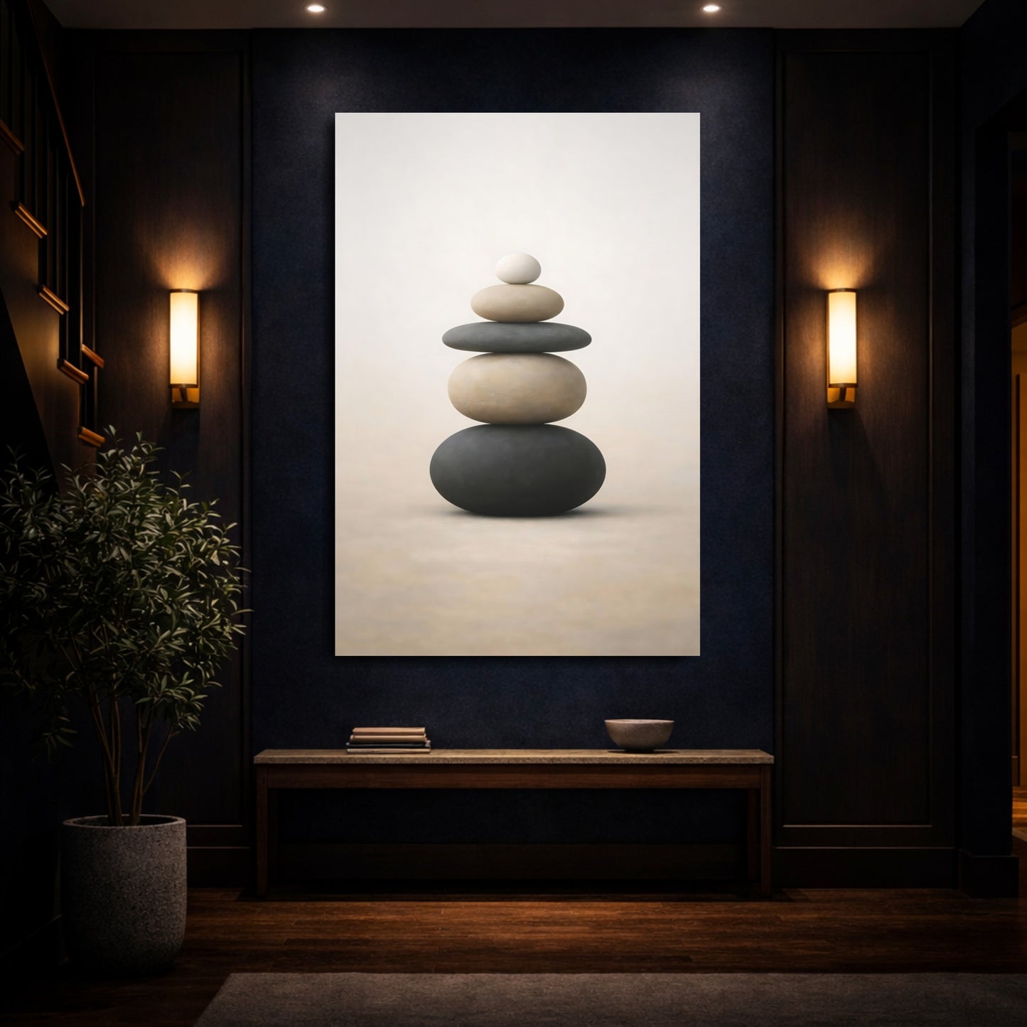 Nature Stacked Stones Black And Beige shown as front canvas room wall art
