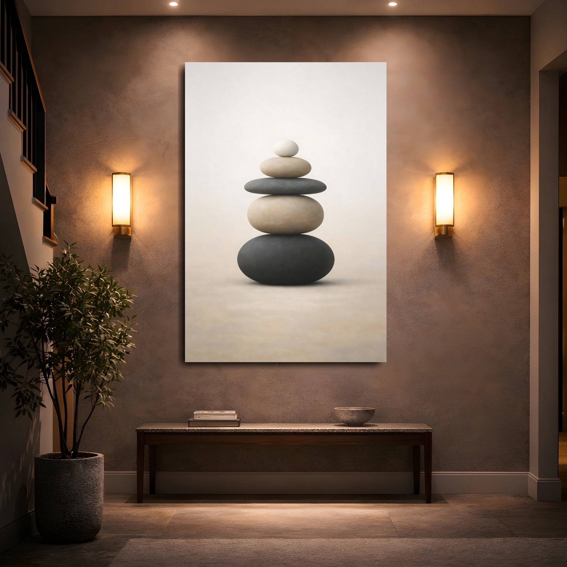 Nature Stacked Stones Black And Beige shown as front canvas room wall art