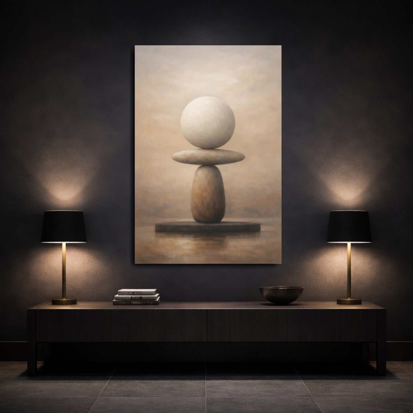 Mockup 2. Nature Stacked Stones Brown And Beige shown as stretched canvas wall art