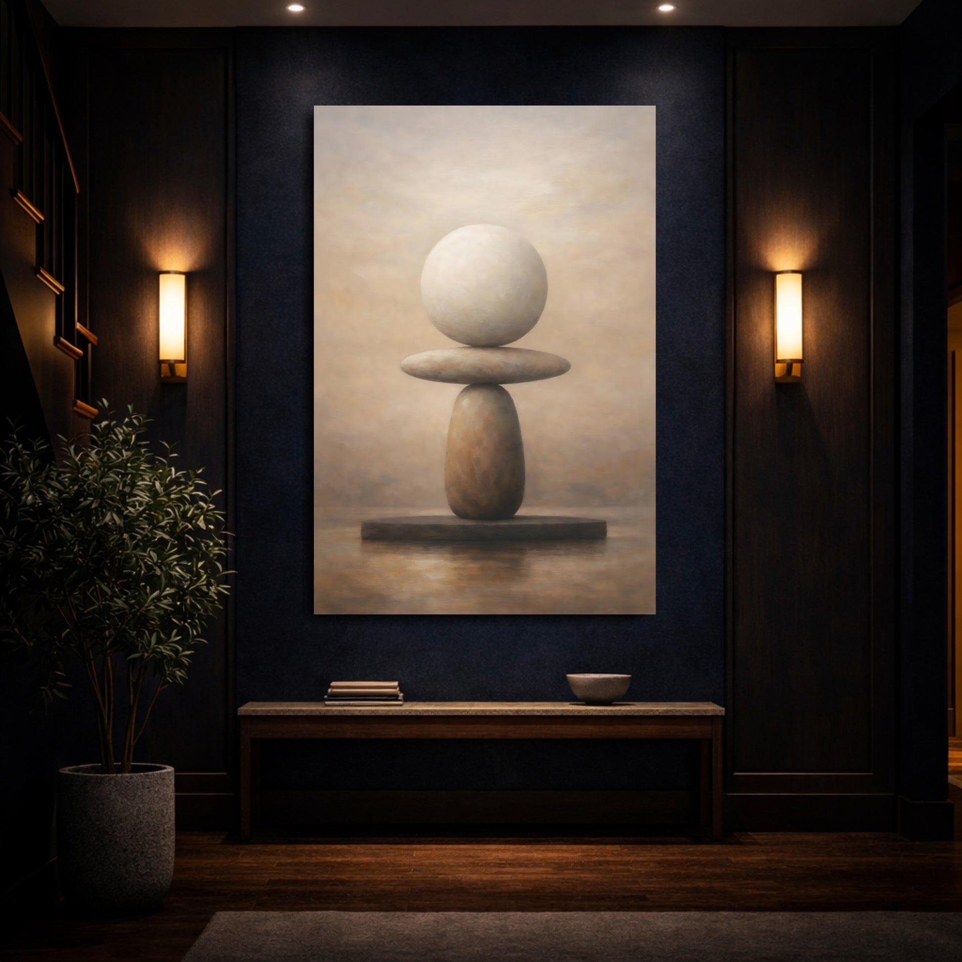 Mockup 3. Nature Stacked Stones Brown And Beige shown as stretched canvas wall art