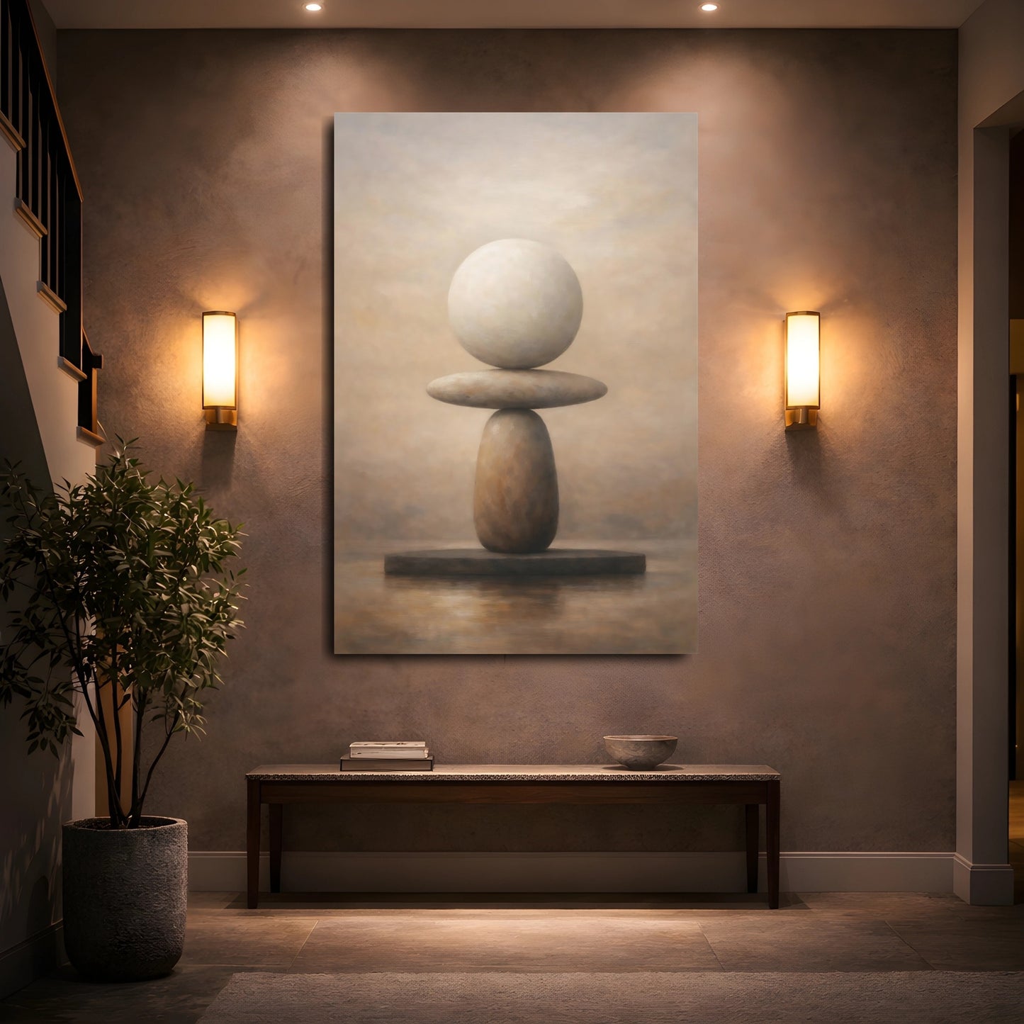 Mockup 4. Nature Stacked Stones Brown And Beige shown as stretched canvas wall art