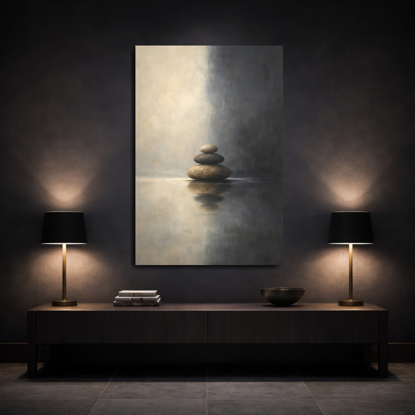 Mockup 2. Nature Stacked Stones Brown And Gray shown as stretched canvas wall art