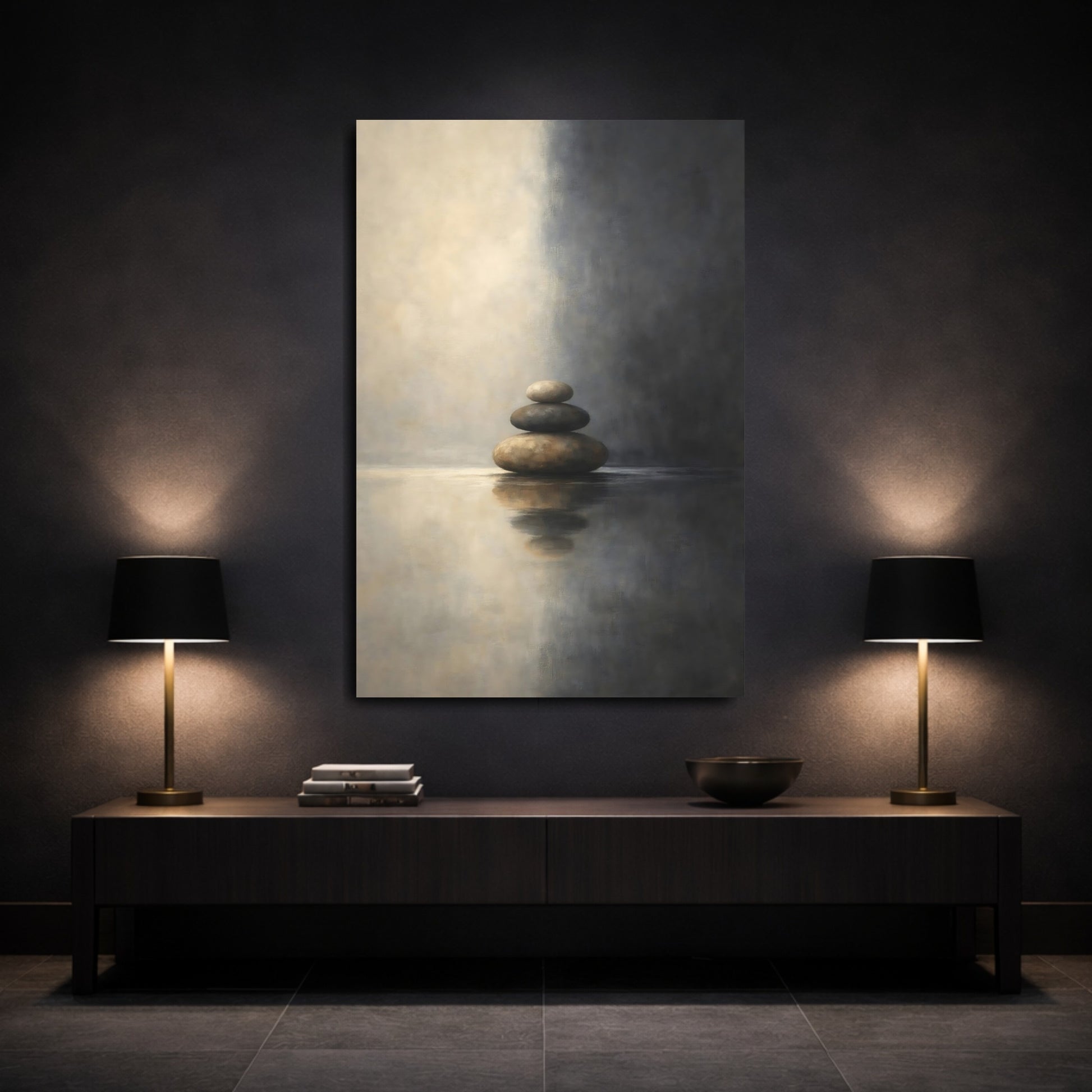 Mockup 2. Nature Stacked Stones Brown And Gray shown as stretched canvas wall art