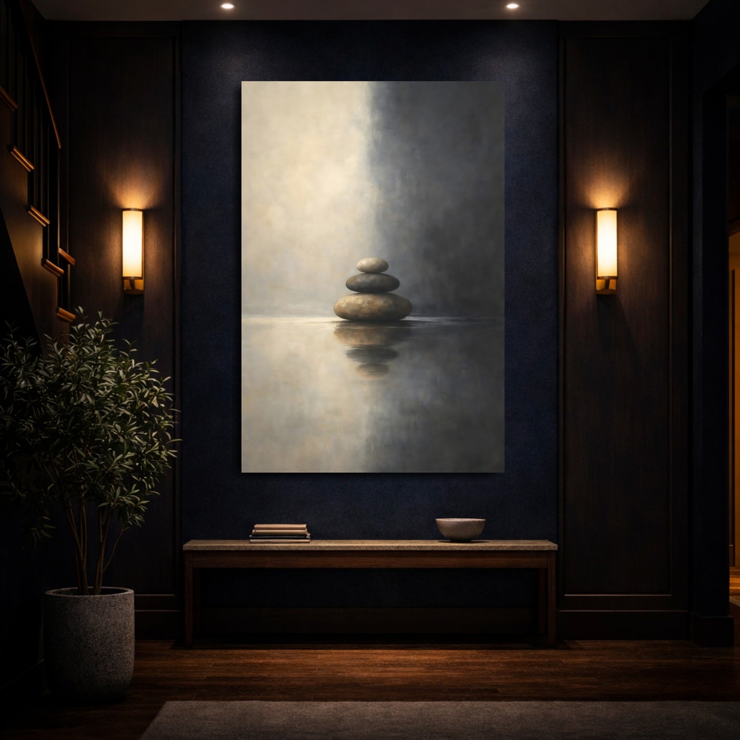 Mockup 3. Nature Stacked Stones Brown And Gray shown as stretched canvas wall art
