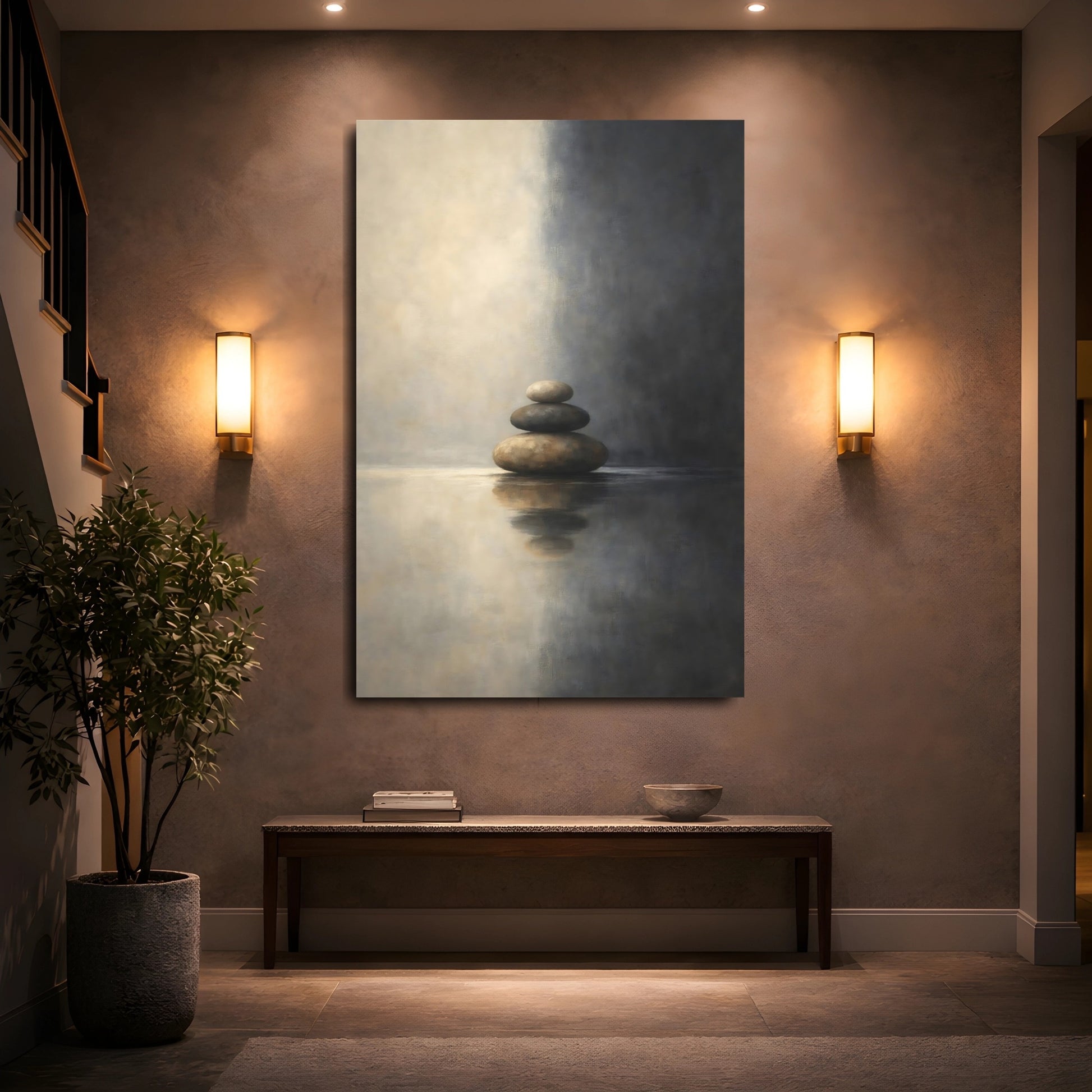 Mockup 4. Nature Stacked Stones Brown And Gray shown as stretched canvas wall art