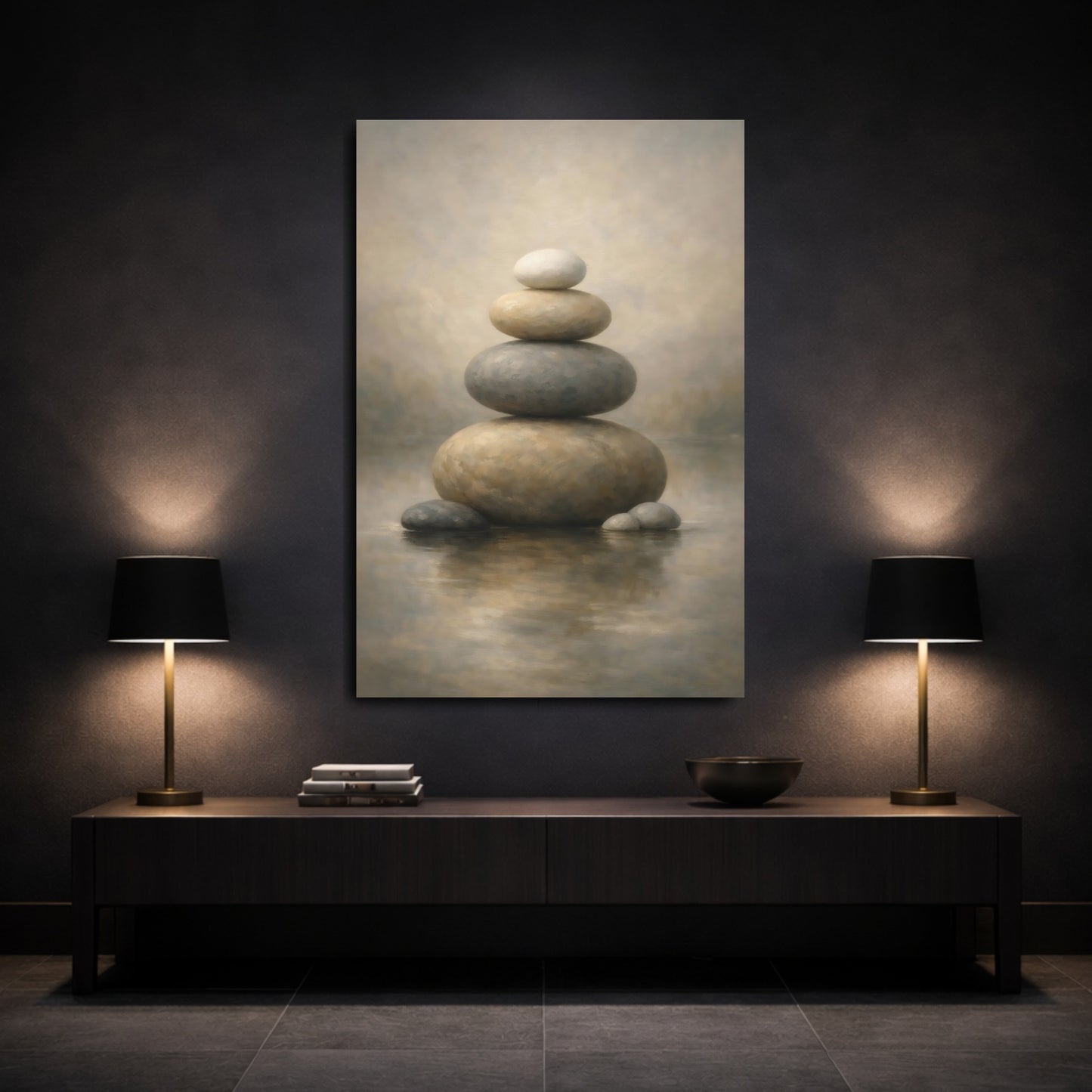 Mockup 2. Nature Stacked Stones Brown And Grey shown as stretched canvas wall art