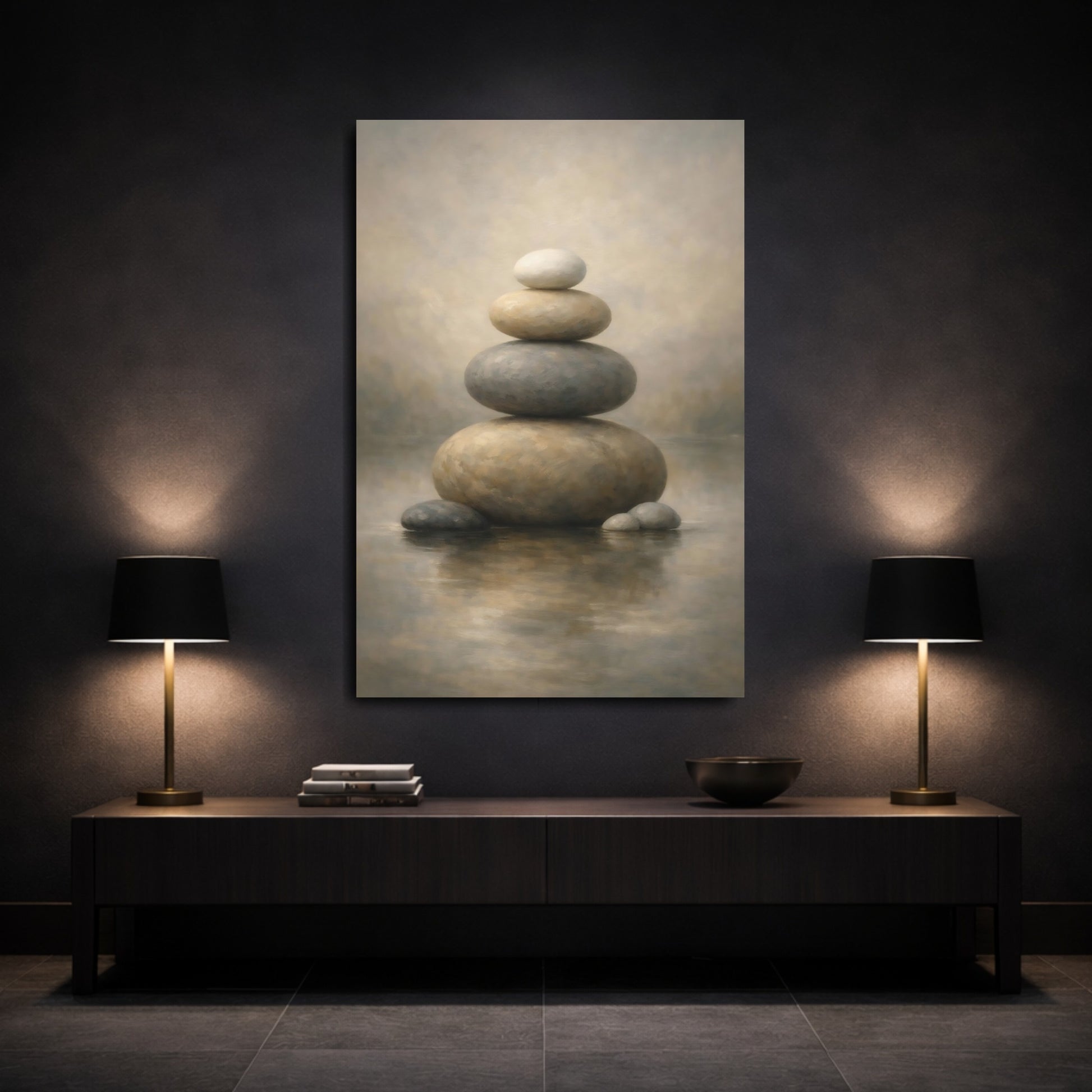 Mockup 2. Nature Stacked Stones Brown And Grey shown as stretched canvas wall art