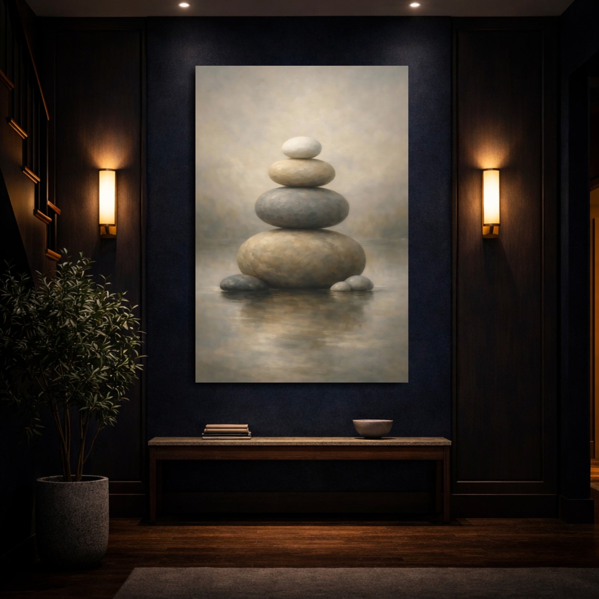 Mockup 3. Nature Stacked Stones Brown And Grey shown as stretched canvas wall art