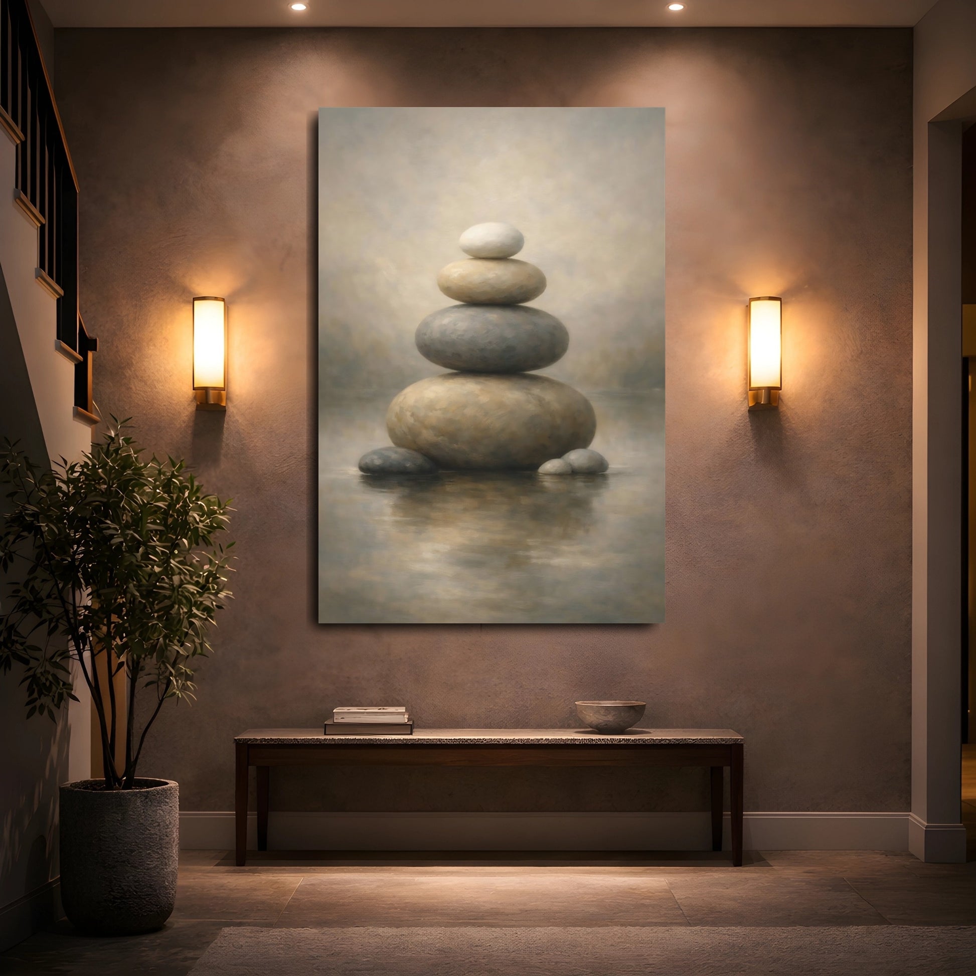 Mockup 4. Nature Stacked Stones Brown And Grey shown as stretched canvas wall art
