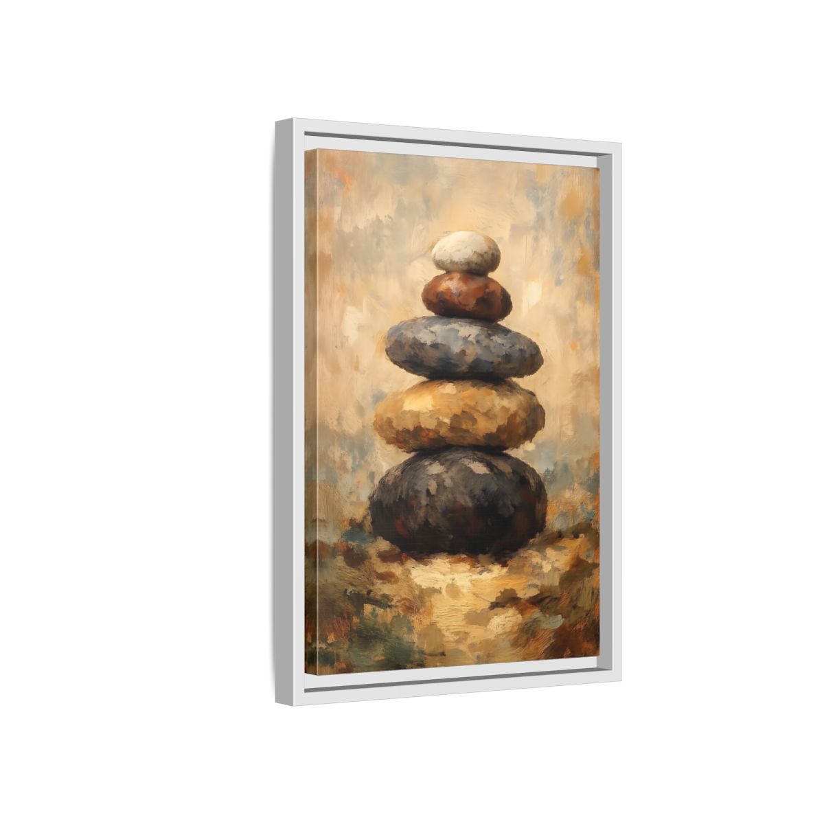 Side Mockup 4. Nature Stacked Stones Brown Grey Stones shown as stretched canvas wall art