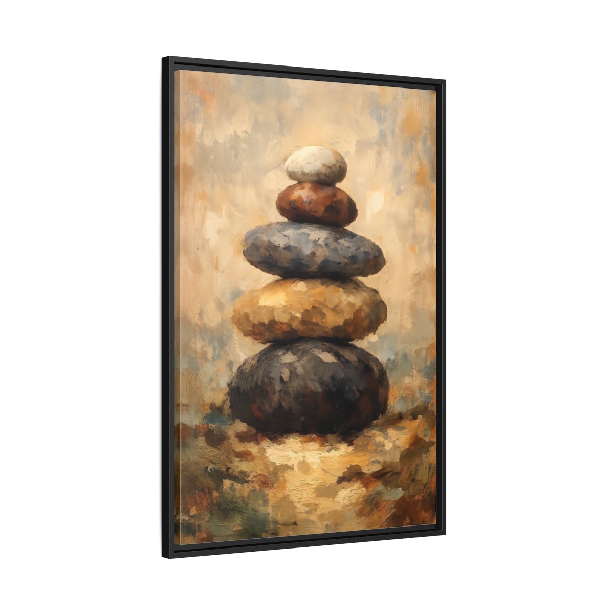 Side Mockup 13. Nature Stacked Stones Brown Grey Stones shown as stretched canvas wall art