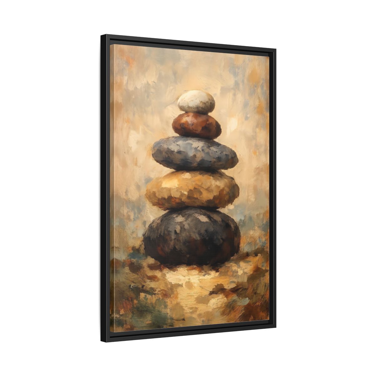 Side Mockup 14. Nature Stacked Stones Brown Grey Stones shown as stretched canvas wall art