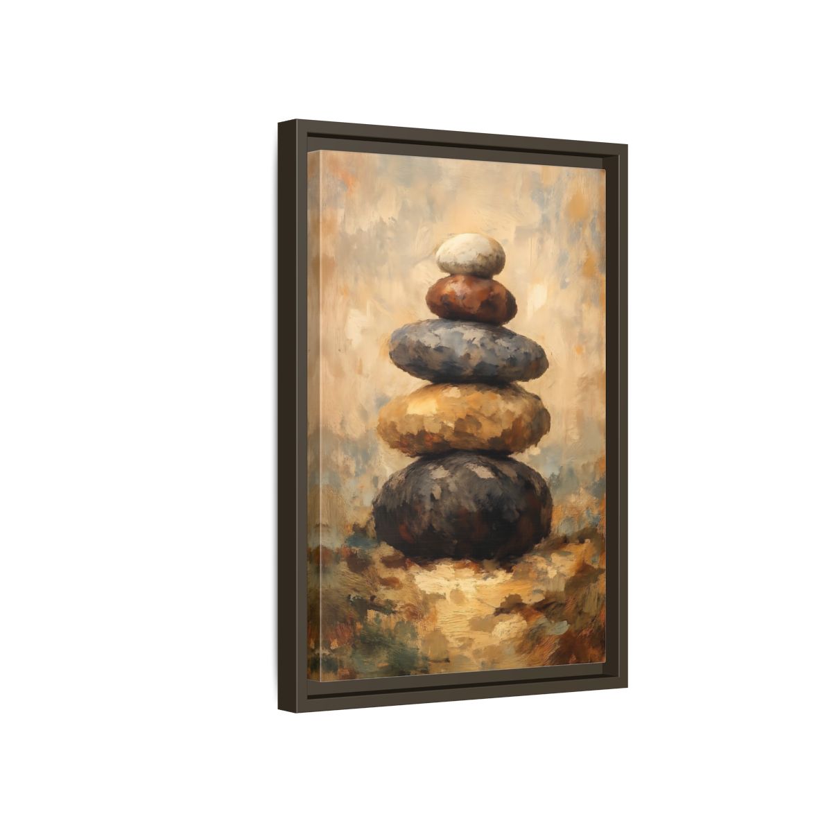 Side Mockup 5. Nature Stacked Stones Brown Grey Stones shown as stretched canvas wall art