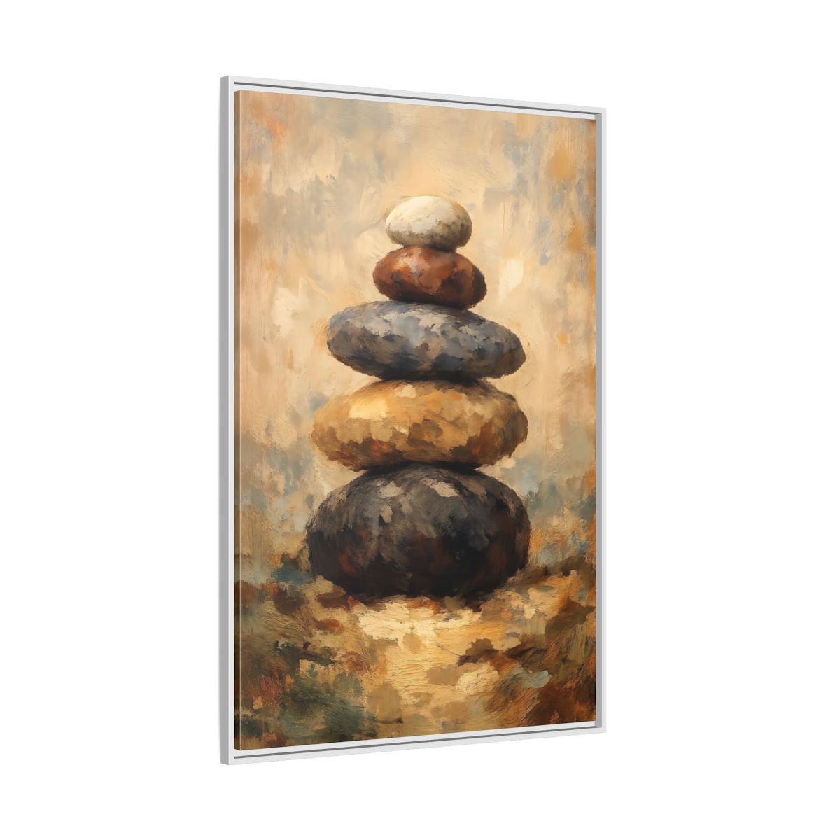 Side Mockup 7. Nature Stacked Stones Brown Grey Stones shown as stretched canvas wall art