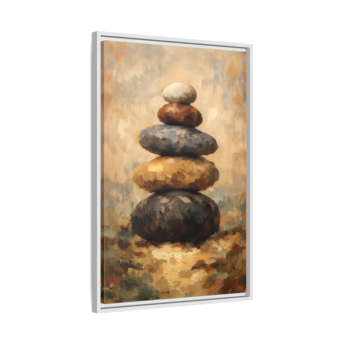 Side Mockup 11. Nature Stacked Stones Brown Grey Stones shown as stretched canvas wall art