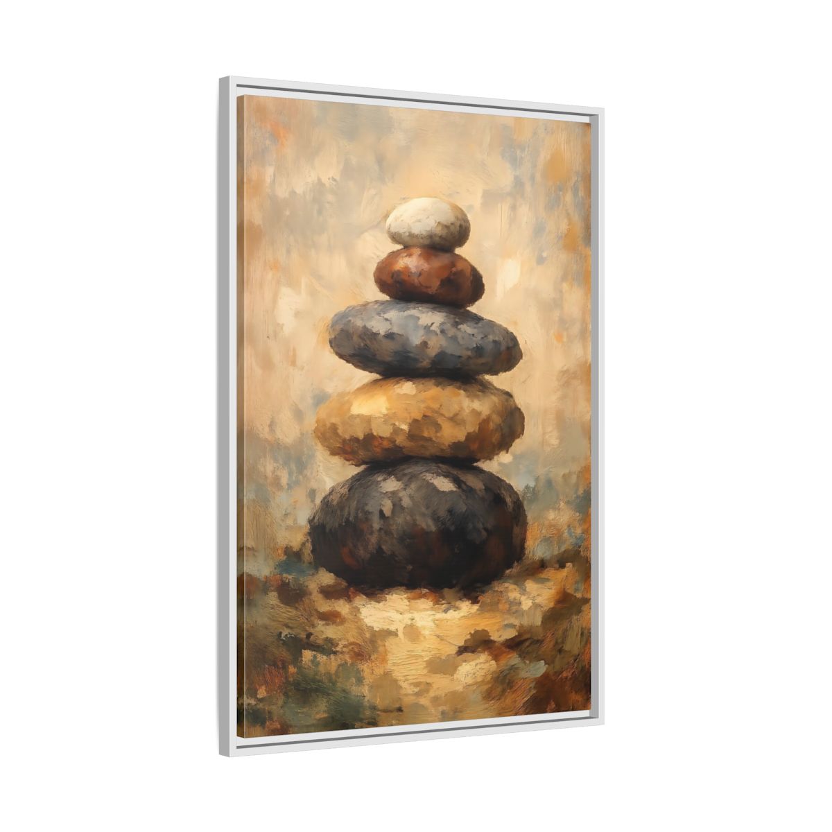 Side Mockup 9. Nature Stacked Stones Brown Grey Stones shown as stretched canvas wall art