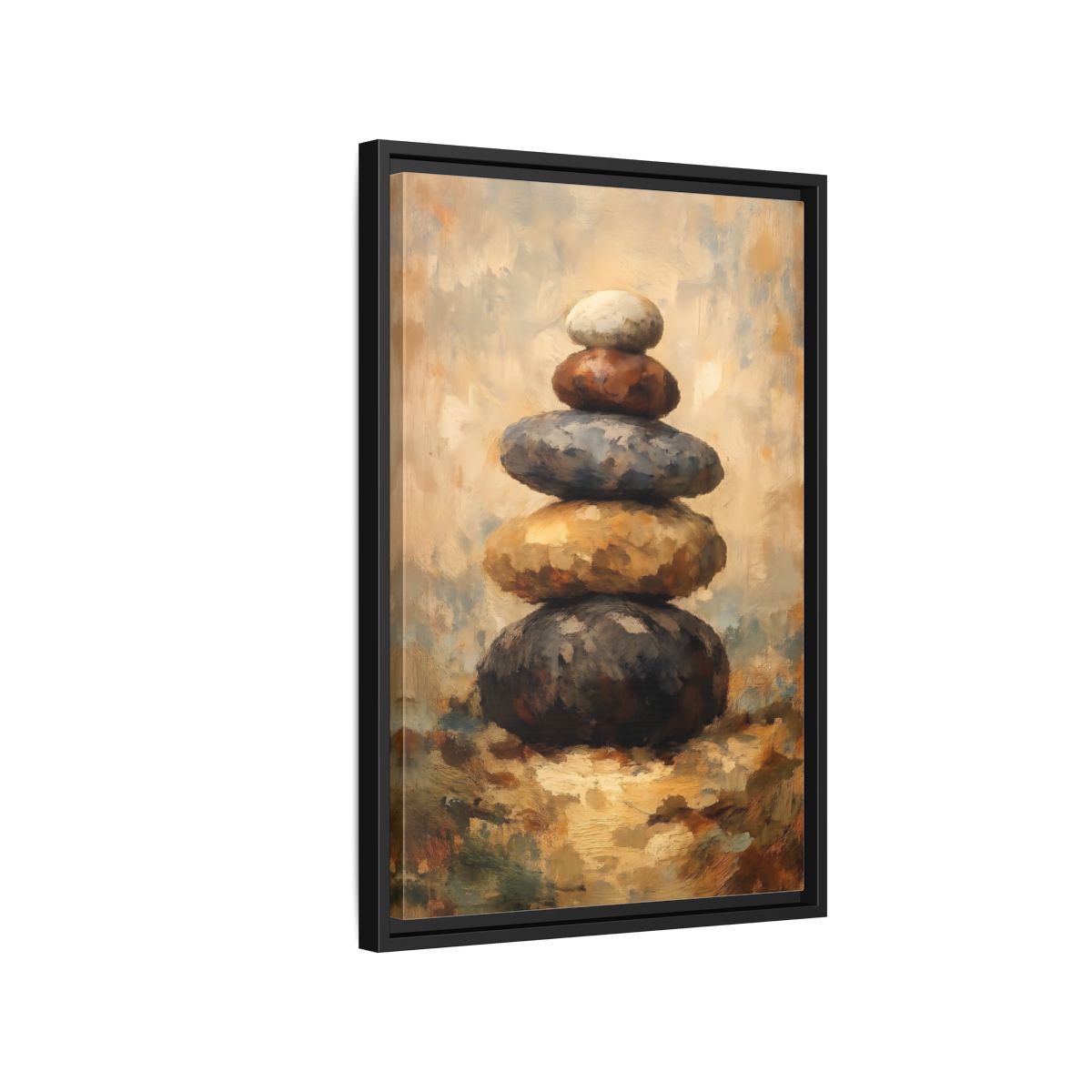Side Mockup 3. Nature Stacked Stones Brown Grey Stones shown as stretched canvas wall art