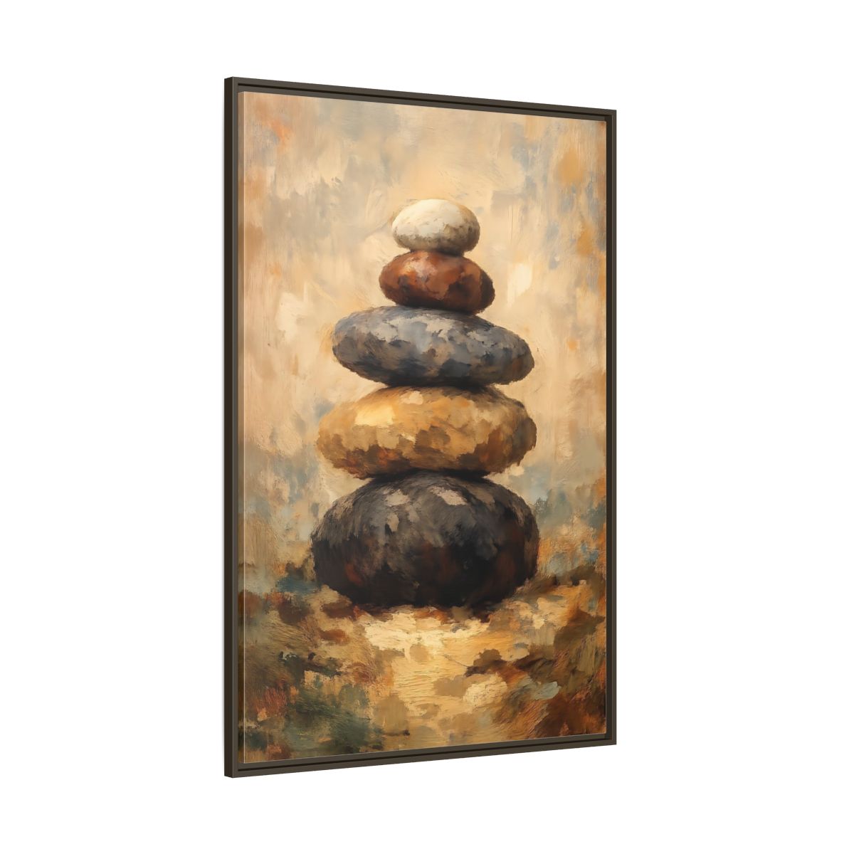 Side Mockup 8. Nature Stacked Stones Brown Grey Stones shown as stretched canvas wall art