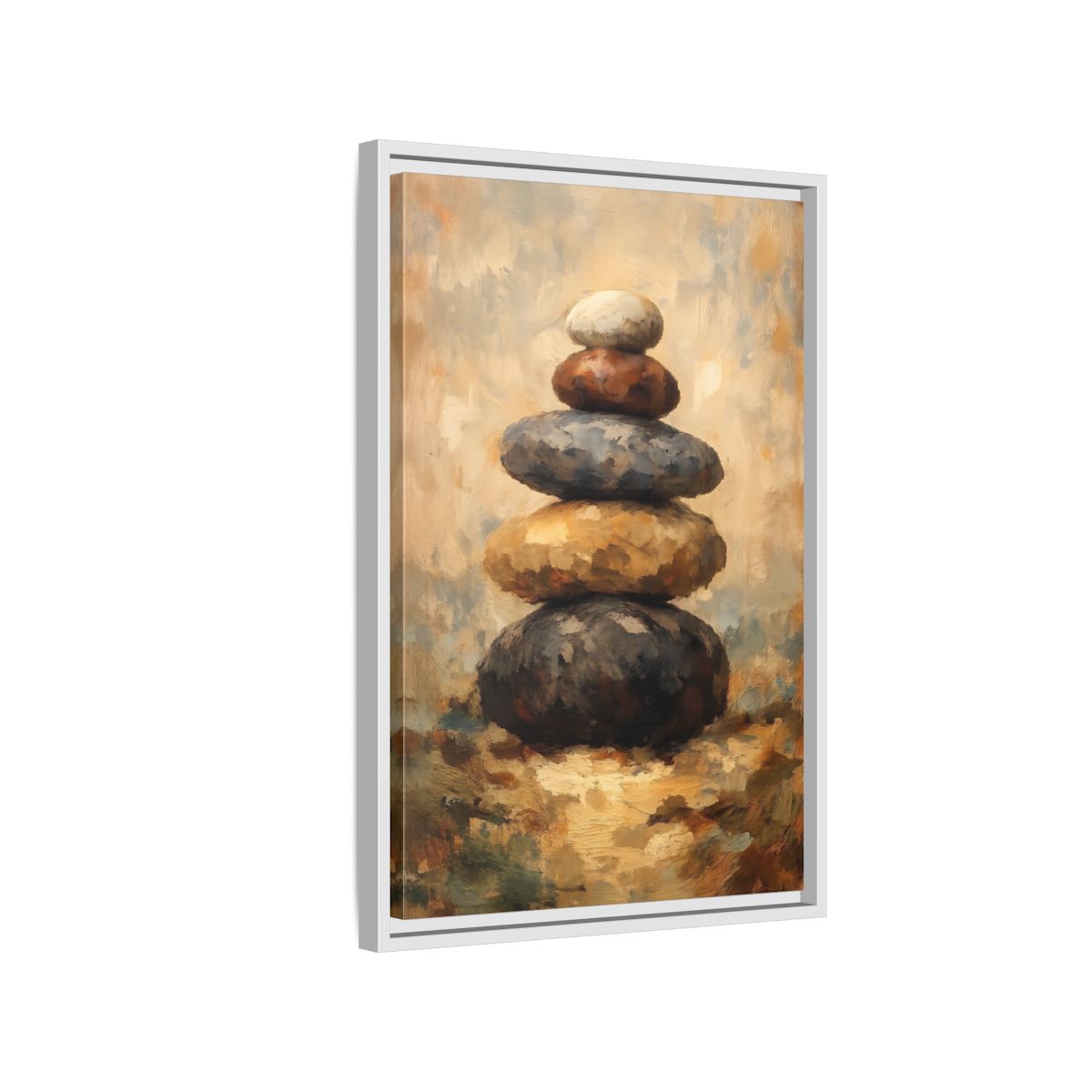 Side Mockup 1. Nature Stacked Stones Brown Grey Stones shown as stretched canvas wall art