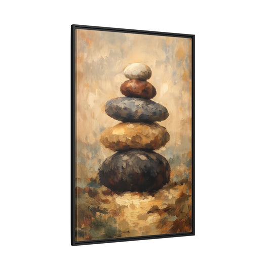 Main Mockup. Nature Stacked Stones Brown Grey Stones shown as stretched canvas wall art