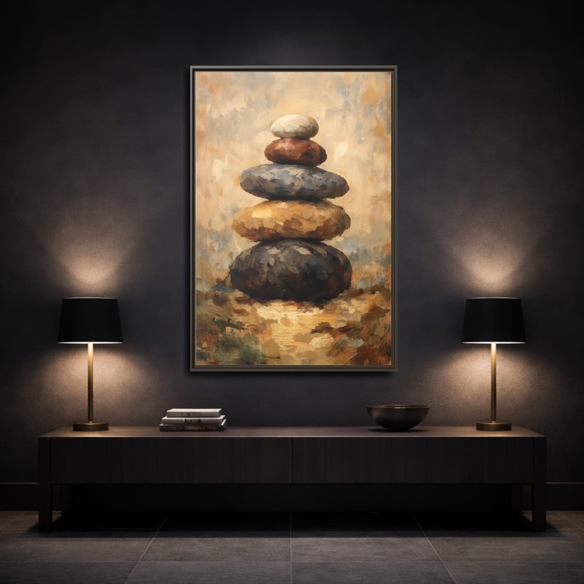 Mockup 2. Nature Stacked Stones Brown Grey Stones shown as stretched canvas wall art