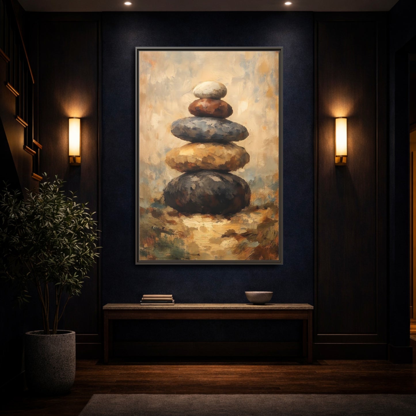 Mockup 3. Nature Stacked Stones Brown Grey Stones shown as stretched canvas wall art