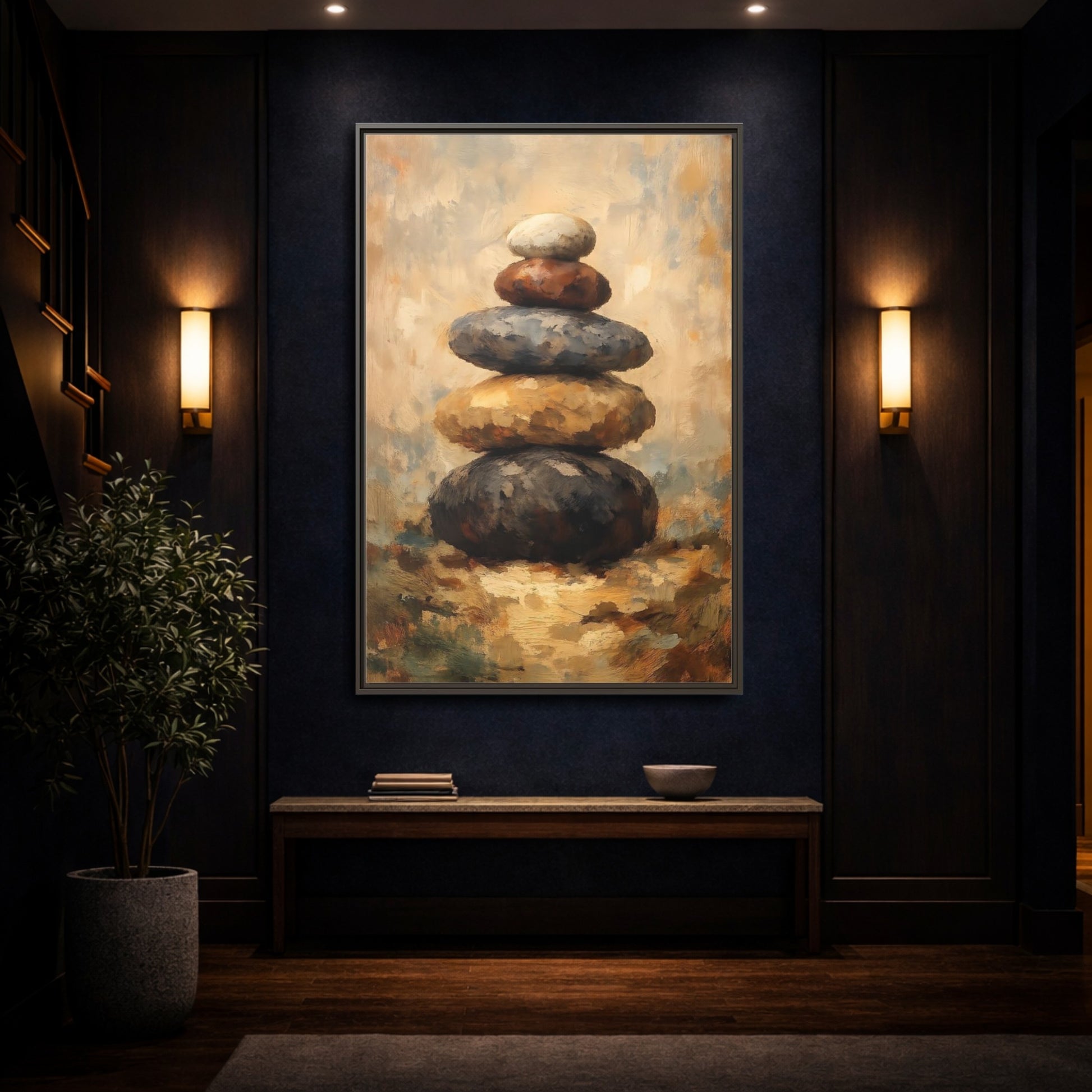 Mockup 3. Nature Stacked Stones Brown Grey Stones shown as stretched canvas wall art