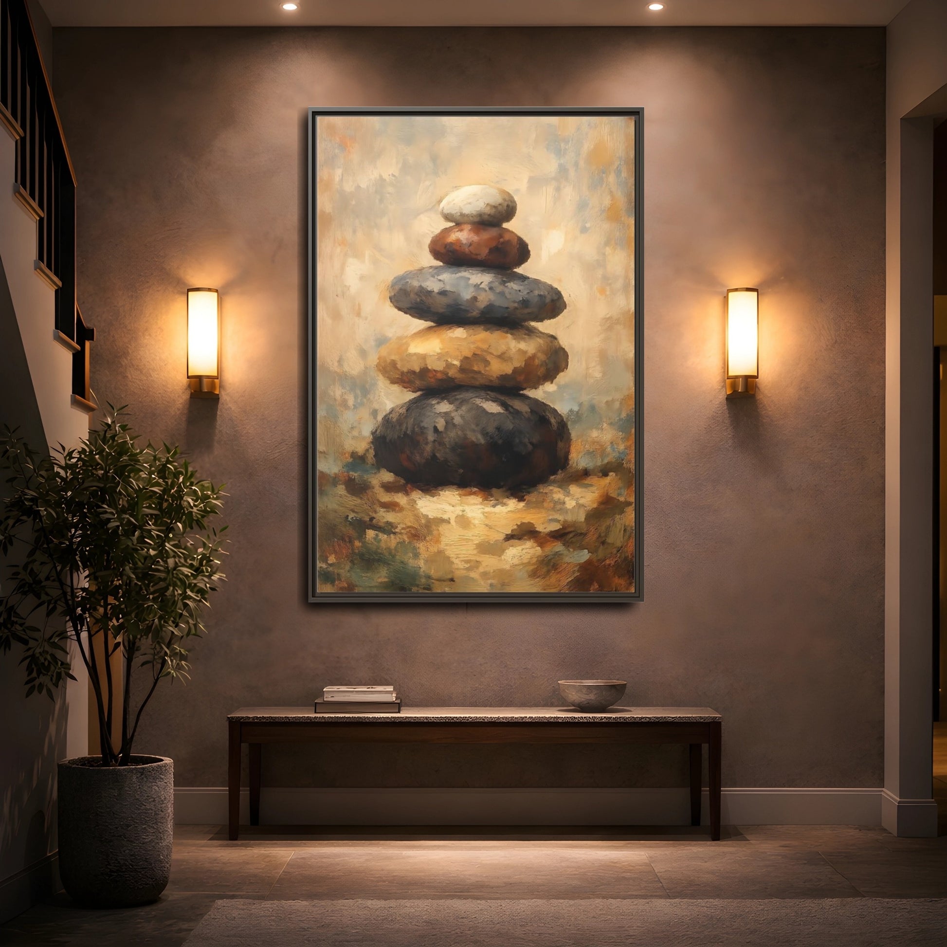 Mockup 4. Nature Stacked Stones Brown Grey Stones shown as stretched canvas wall art