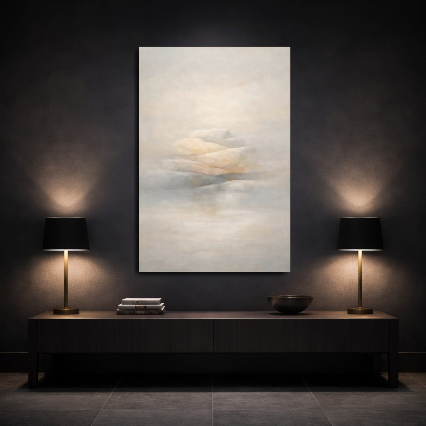 Mockup 2. Nature Stacked Stones Misty Beige Stones shown as stretched canvas wall art