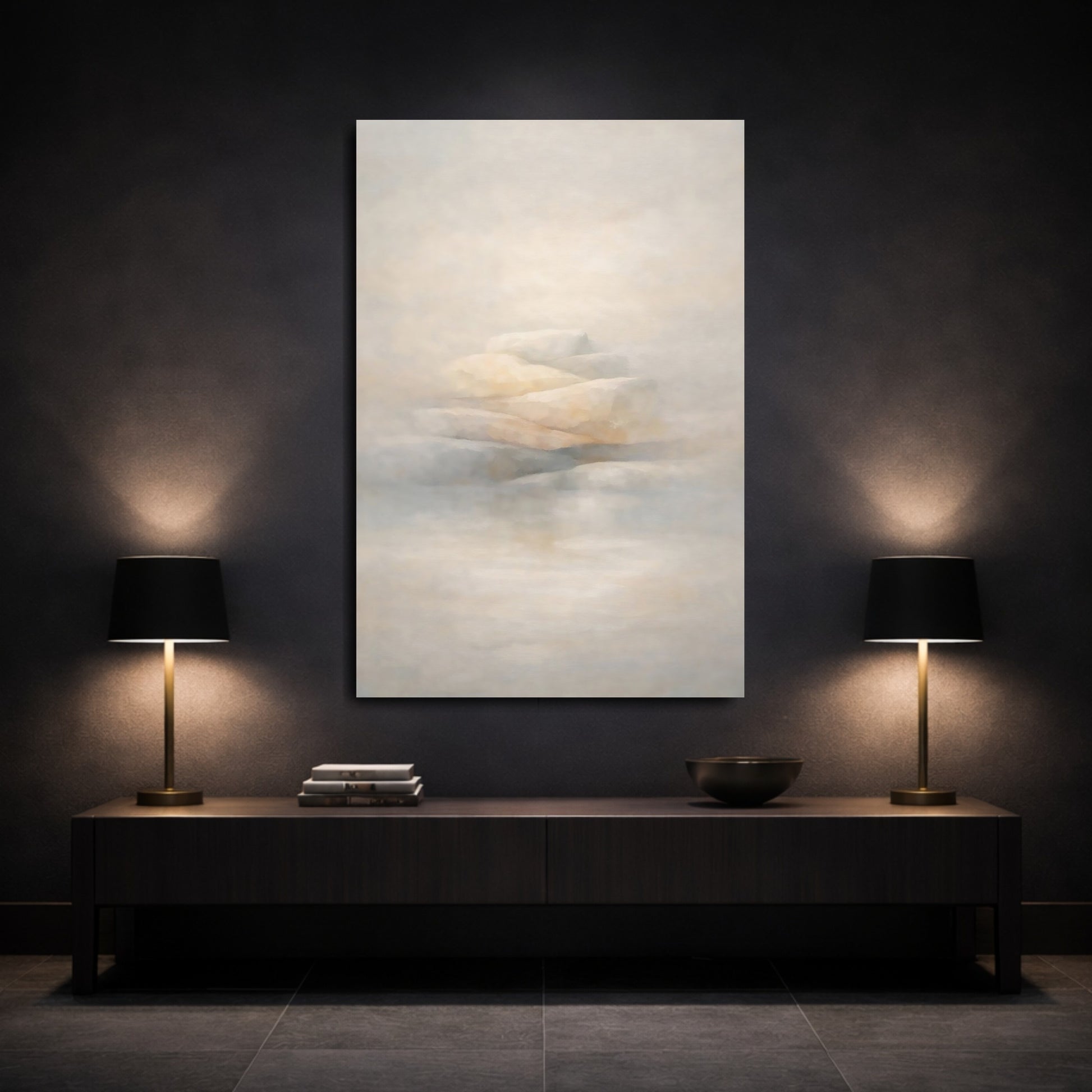 Mockup 2. Nature Stacked Stones Misty Beige Stones shown as stretched canvas wall art