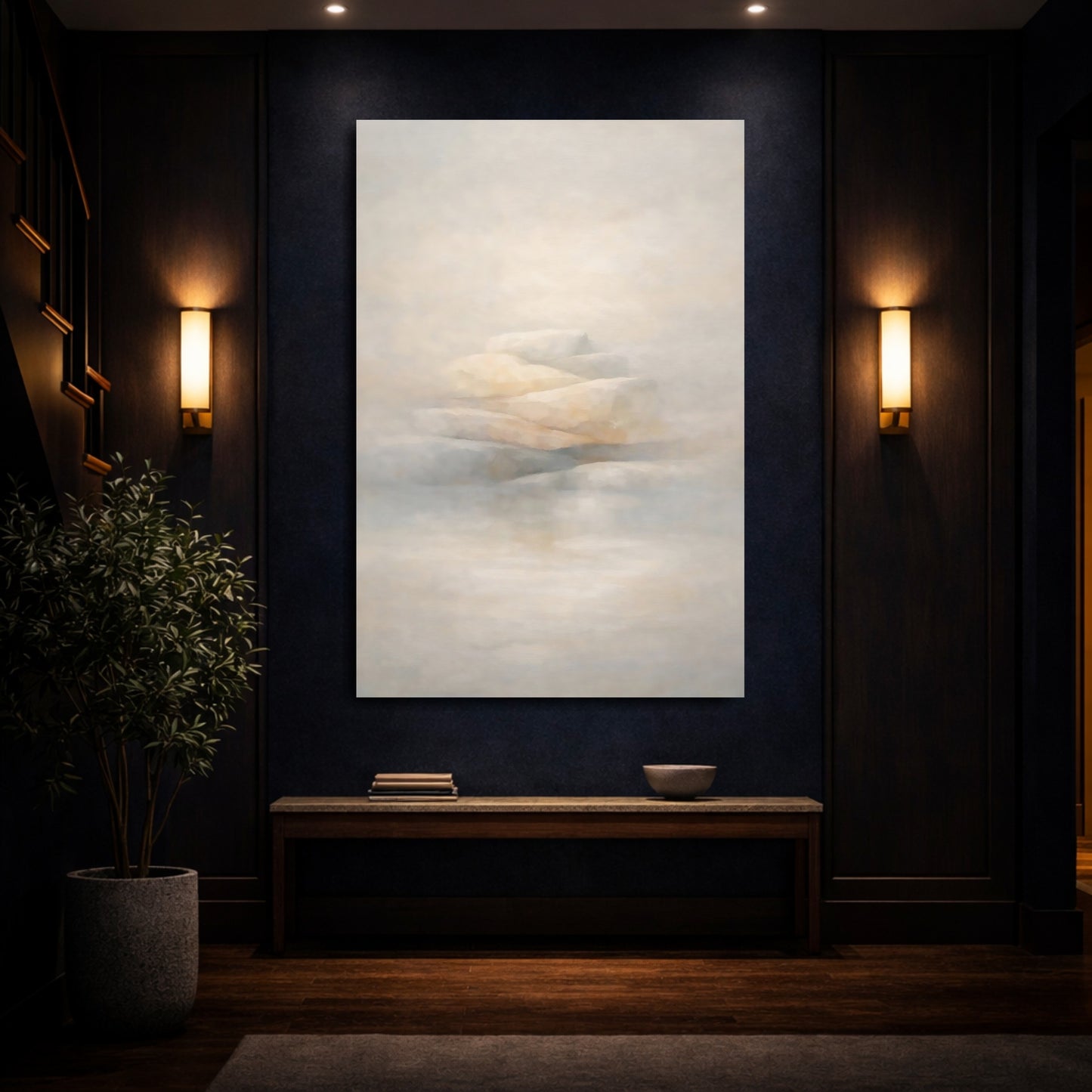 Mockup 3. Nature Stacked Stones Misty Beige Stones shown as stretched canvas wall art