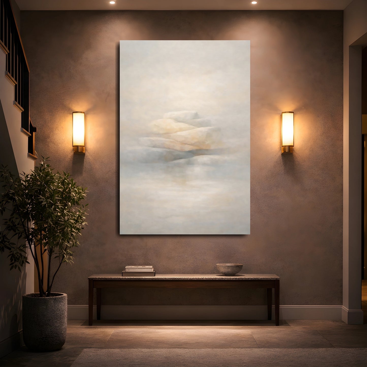 Mockup 4. Nature Stacked Stones Misty Beige Stones shown as stretched canvas wall art